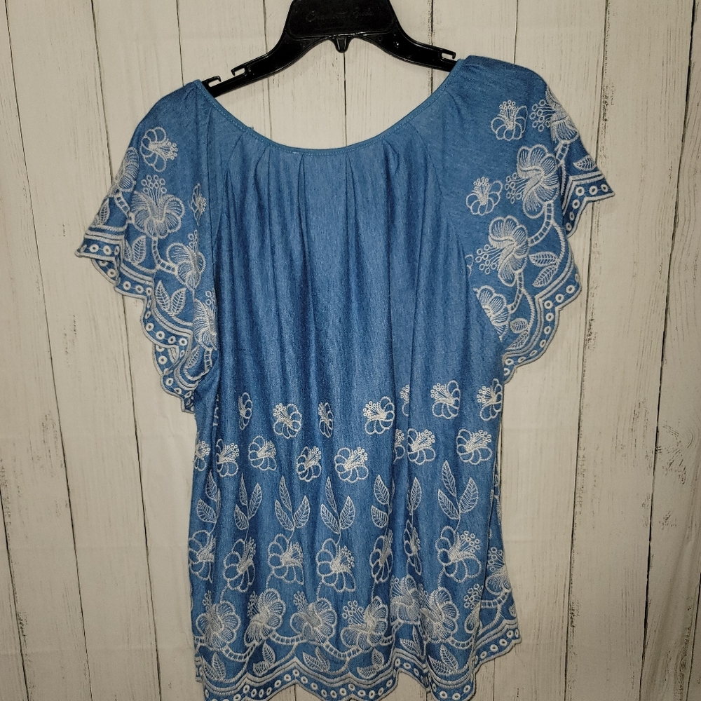 FEVER Short Sleeve BOHO Embroidered Top blue xl - Picture 4 of 5